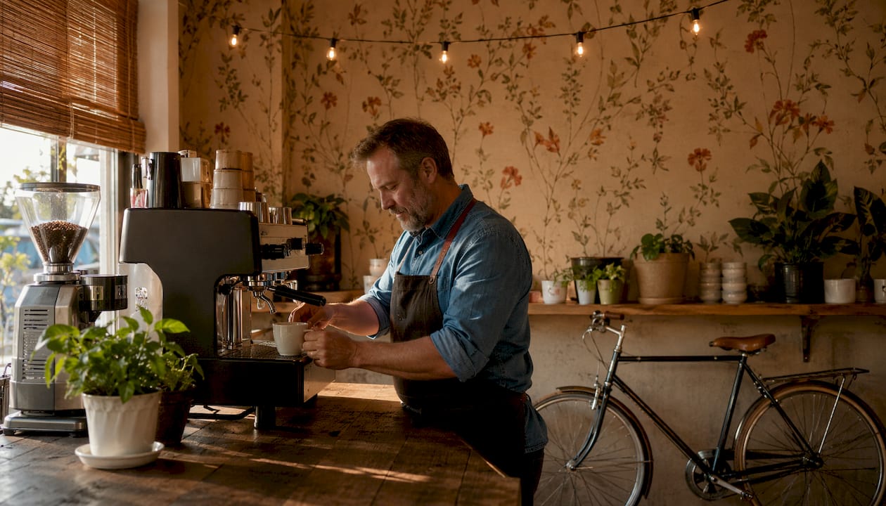 Barista working in coffee shop with vintage wallpaper