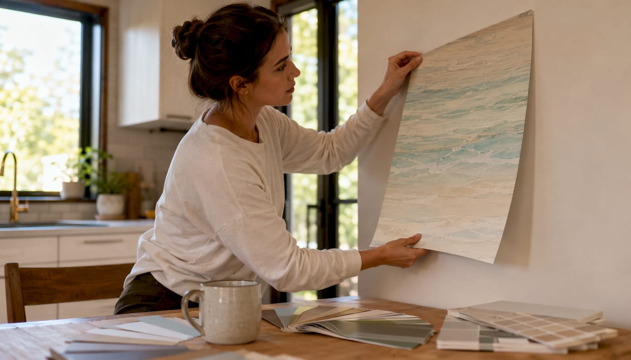 Woman examining beach wallpaper color sample