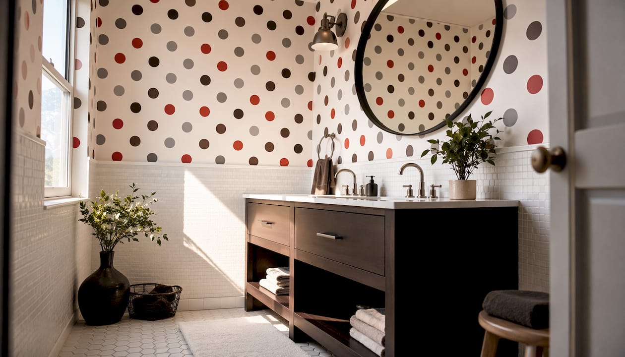 Bright bathroom with nautical peel-and-stick wallpaper