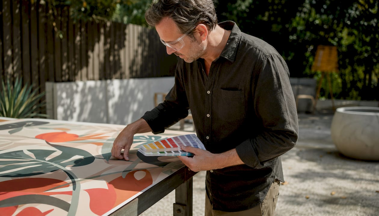 Print technician inspecting mural panel