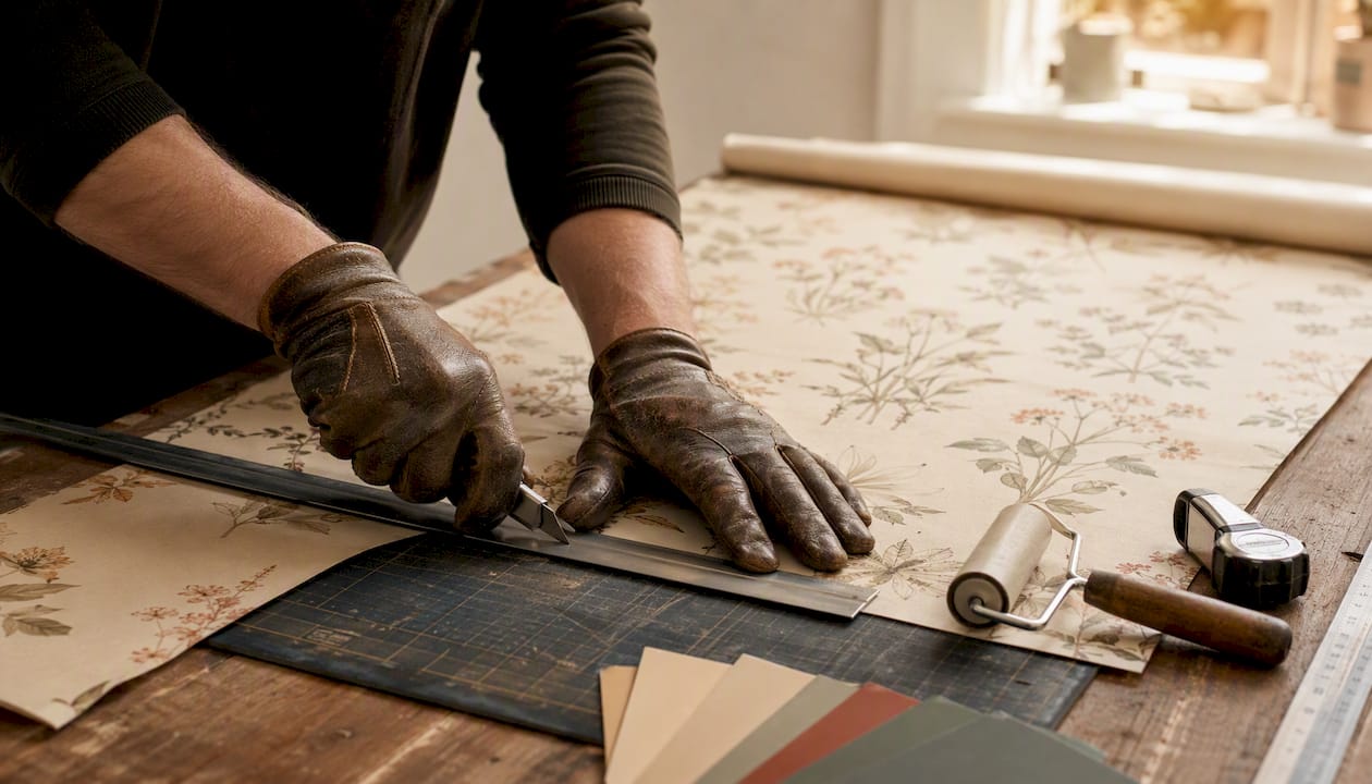 Overhead view of double-cut wallpaper seam cutting