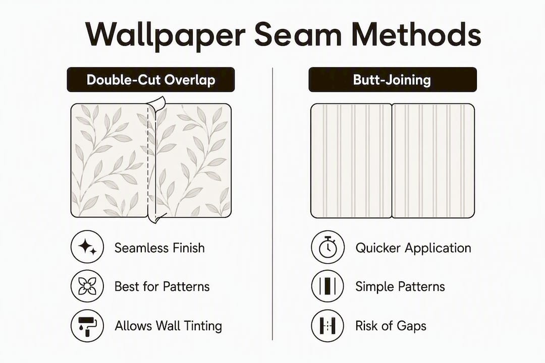 Infographic comparing wallpaper double-cut overlap and butt-joining