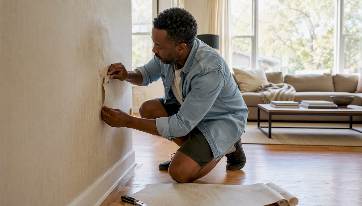 Man repairing large wallpaper blister in kitchen