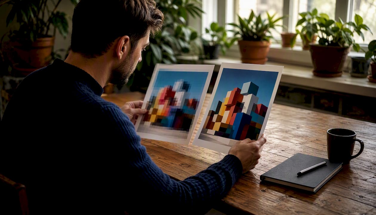Hands comparing pixelated and sharp images
