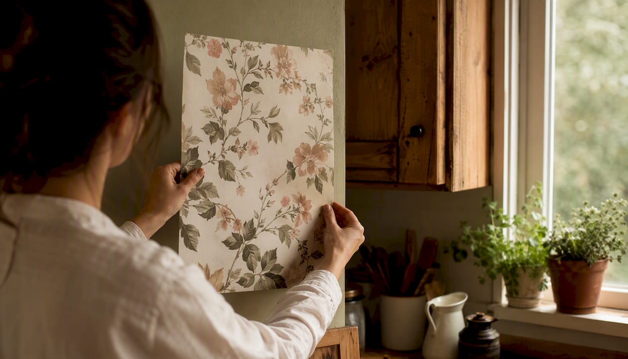 Wallpaper sample held up to wall in natural and artificial light