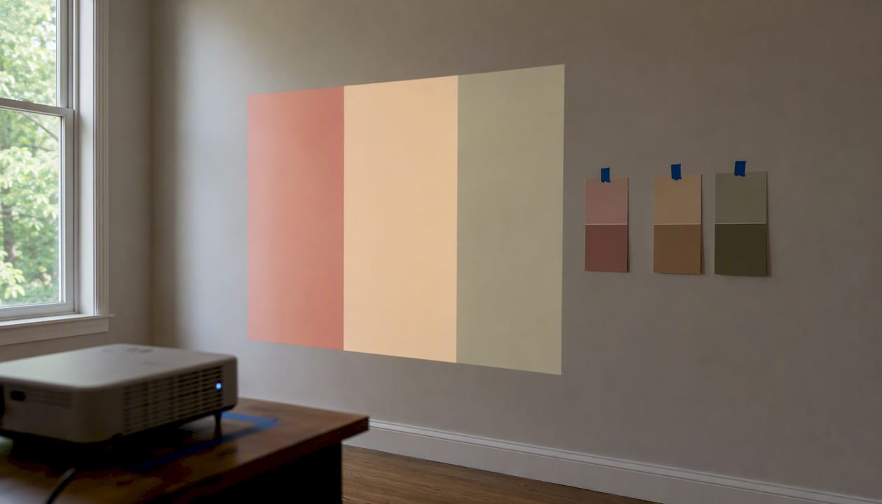 Projector projecting color blocks on wall with swatches