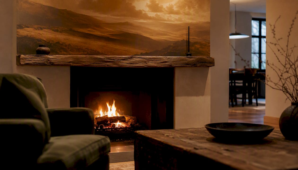 Warm toned mural illuminated by firelight