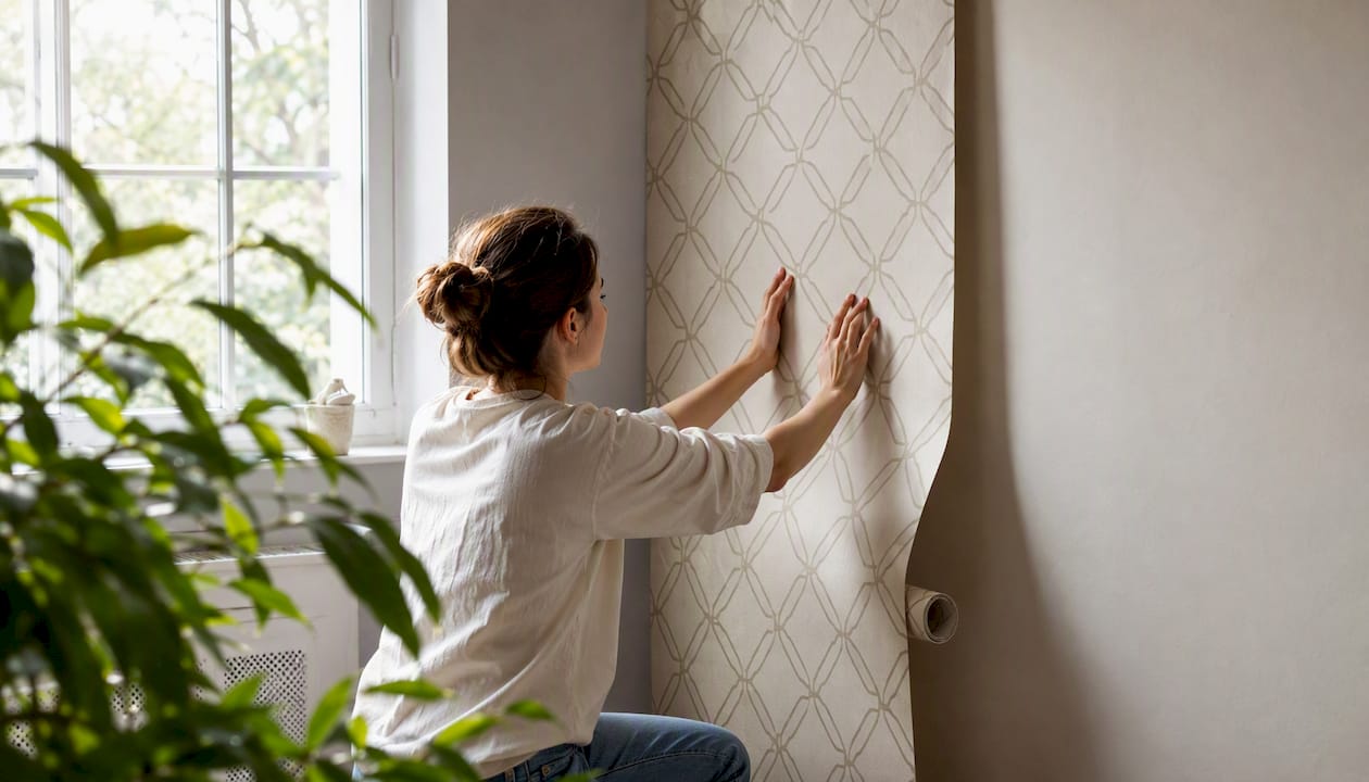 Unrolled custom non-woven wallpaper on wall