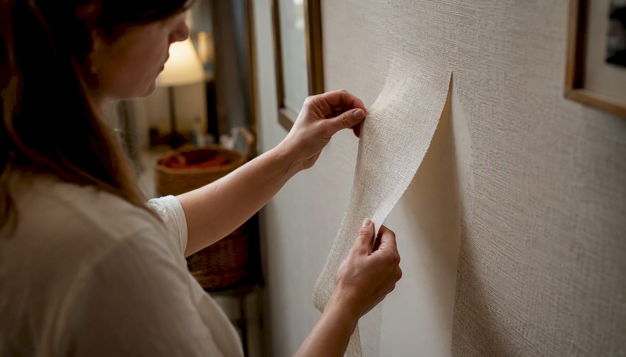 Hands removing non-woven wallpaper strip
