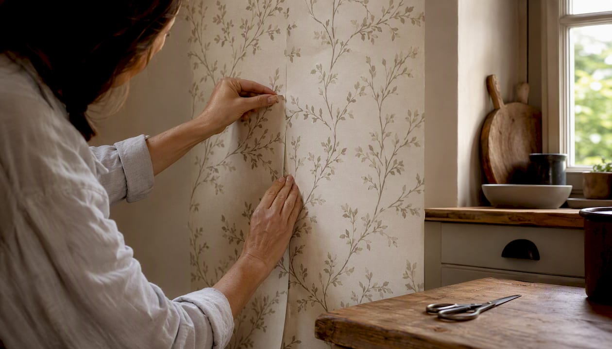 Hands aligning half-drop wallpaper strips