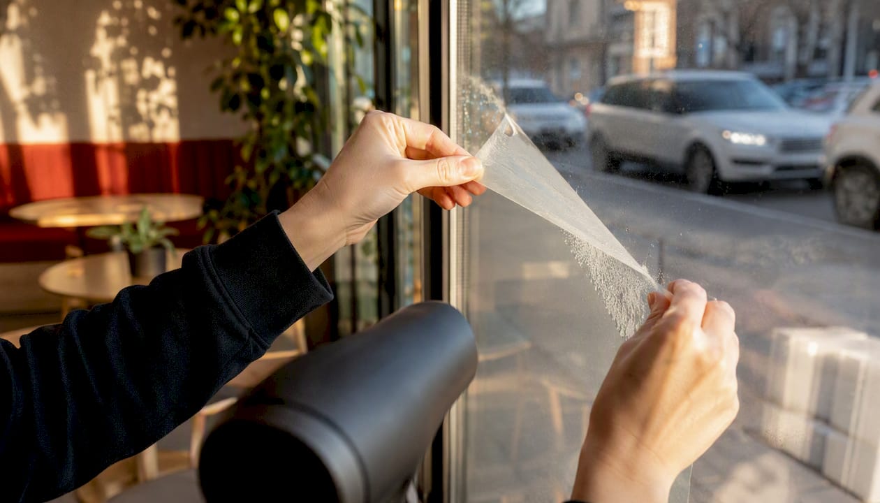 Hands peeling wallpaper off glass window