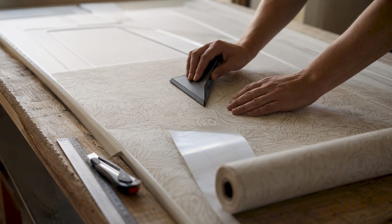 Hands smoothing wallpaper on cabinet door