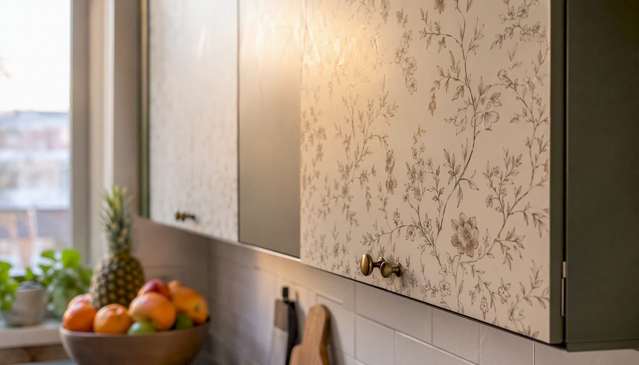 Vinyl wallpapered kitchen cabinet doors