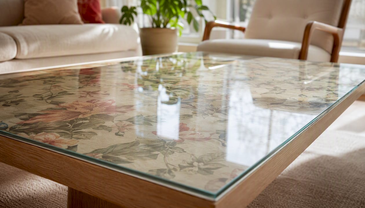 Tempered glass covering wallpapered table surface