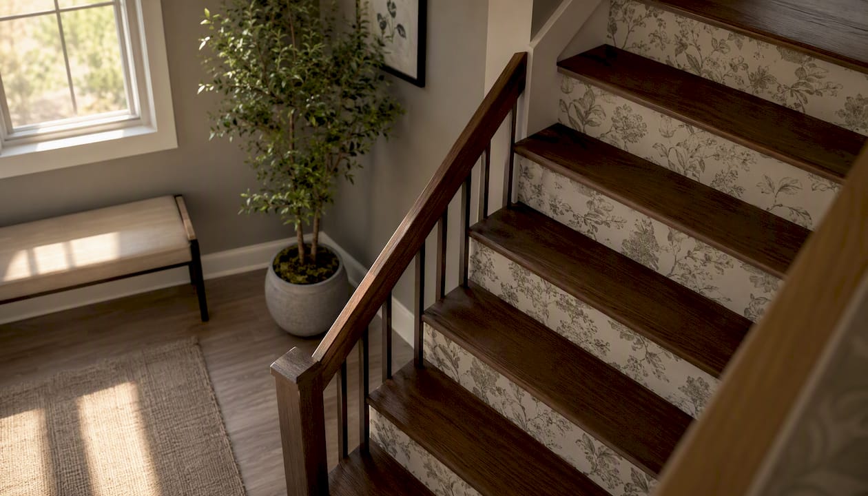 Coordinated wallpapered stair risers in modern living room