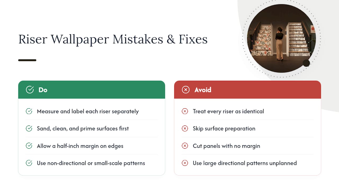 Diagram of common stair riser wallpaper mistakes and fixes