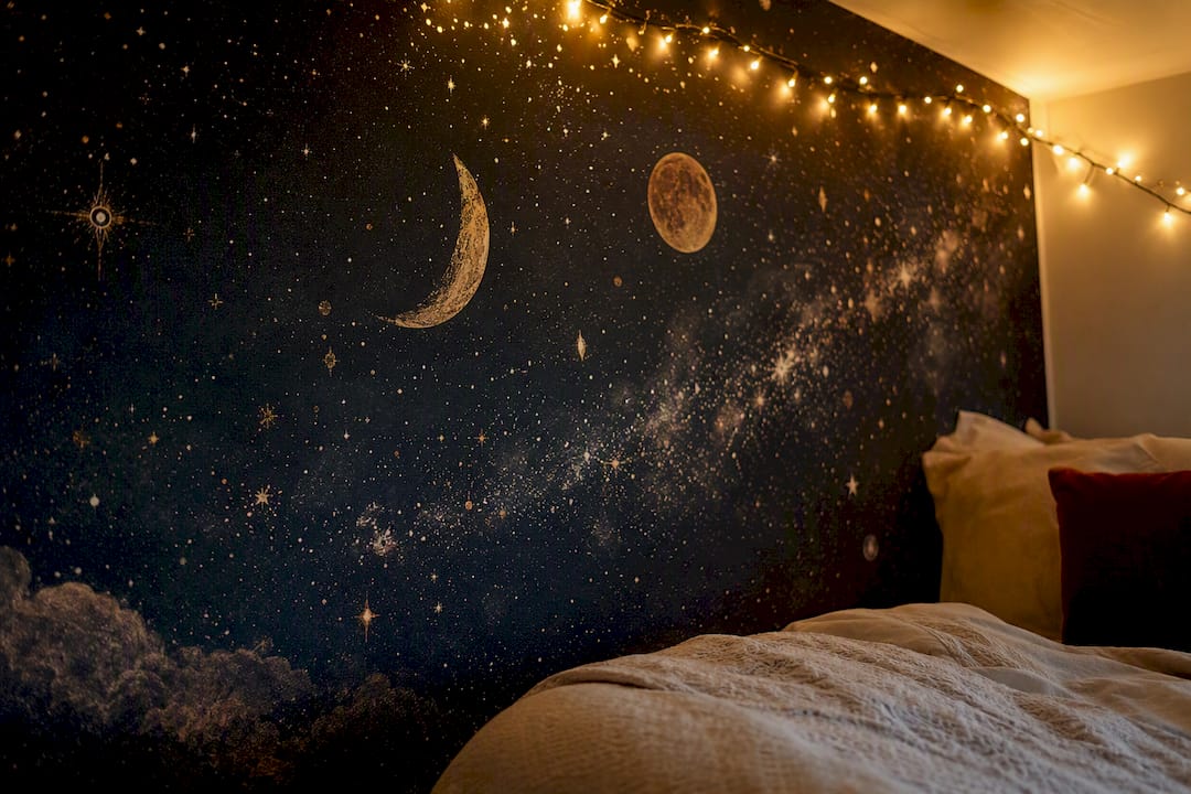 Celestial night-sky wallpaper accent wall