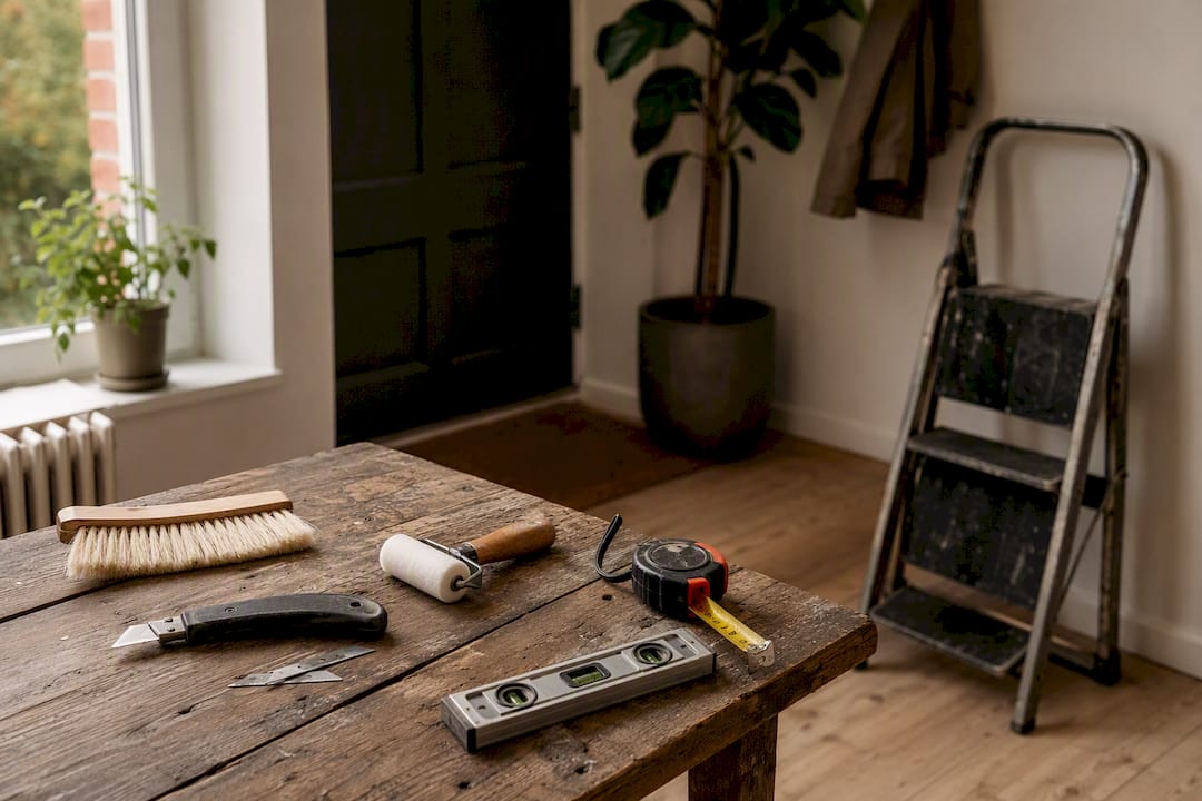 Wallpaper installation tools on workbench