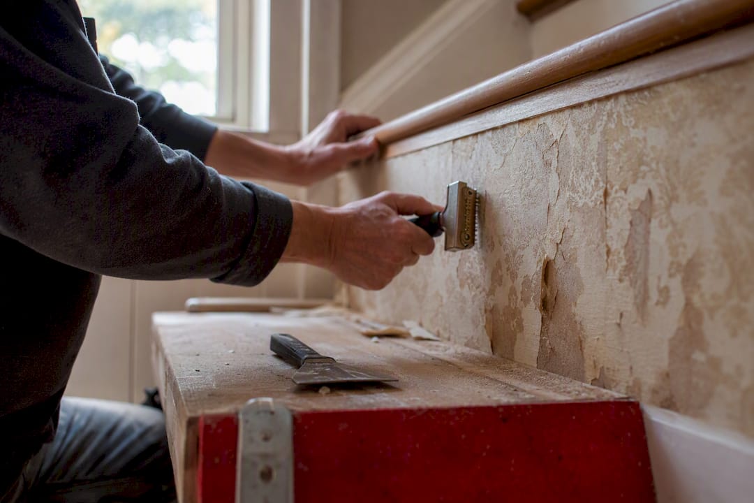 Hands perforating wallpaper on staircase riser