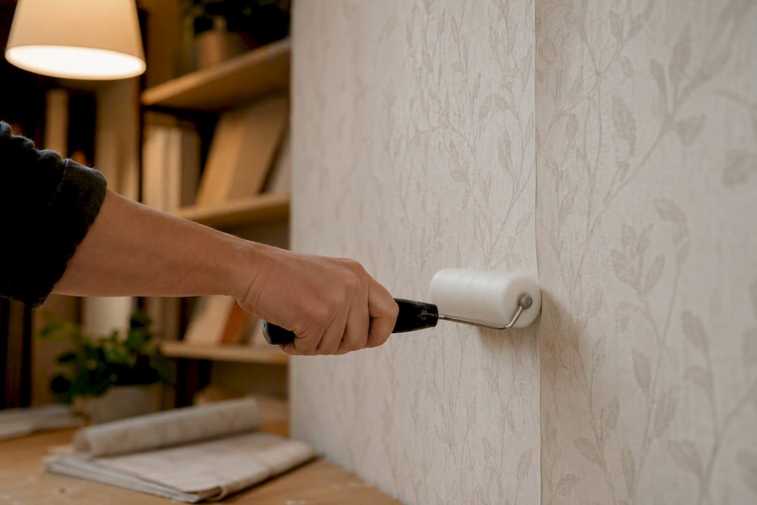 Close-up spinning polymer seam roller on wallpaper