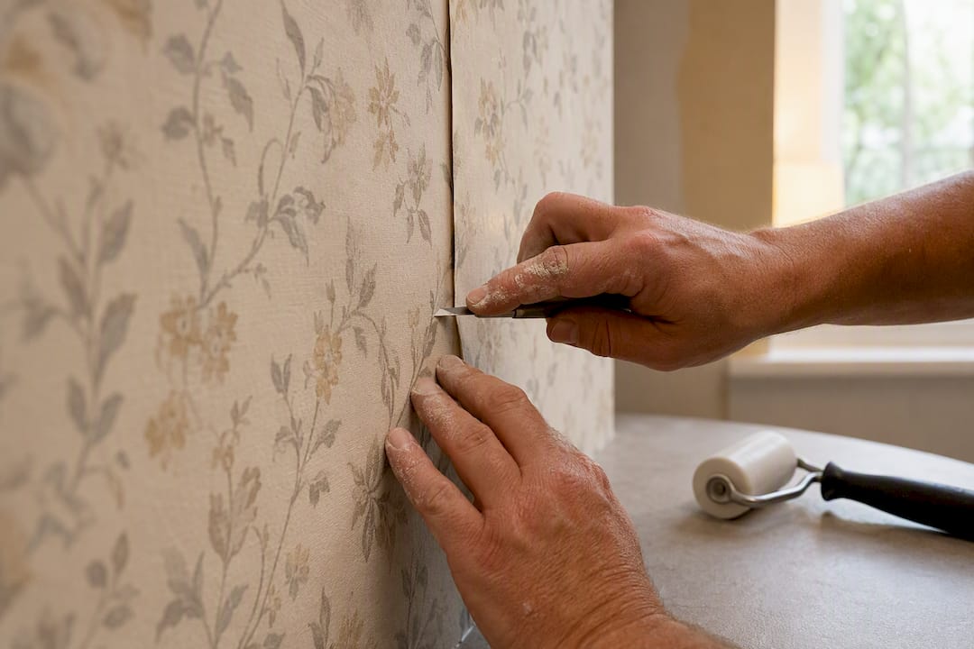 Hands cutting overlapped wallpaper panels using double-cut technique
