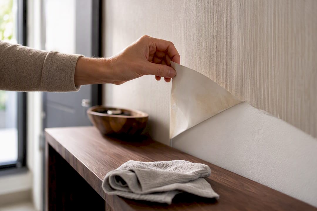 Hand lifting wallpaper from painted wall
