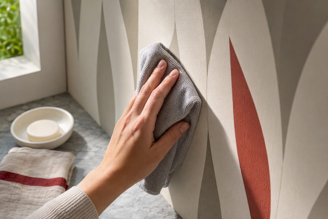 Hand cleaning patterned wallpaper with cloth