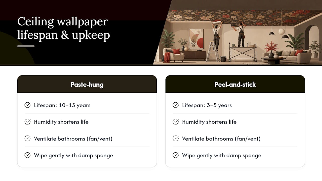 Ceiling wallpaper lifespan and upkeep comparison