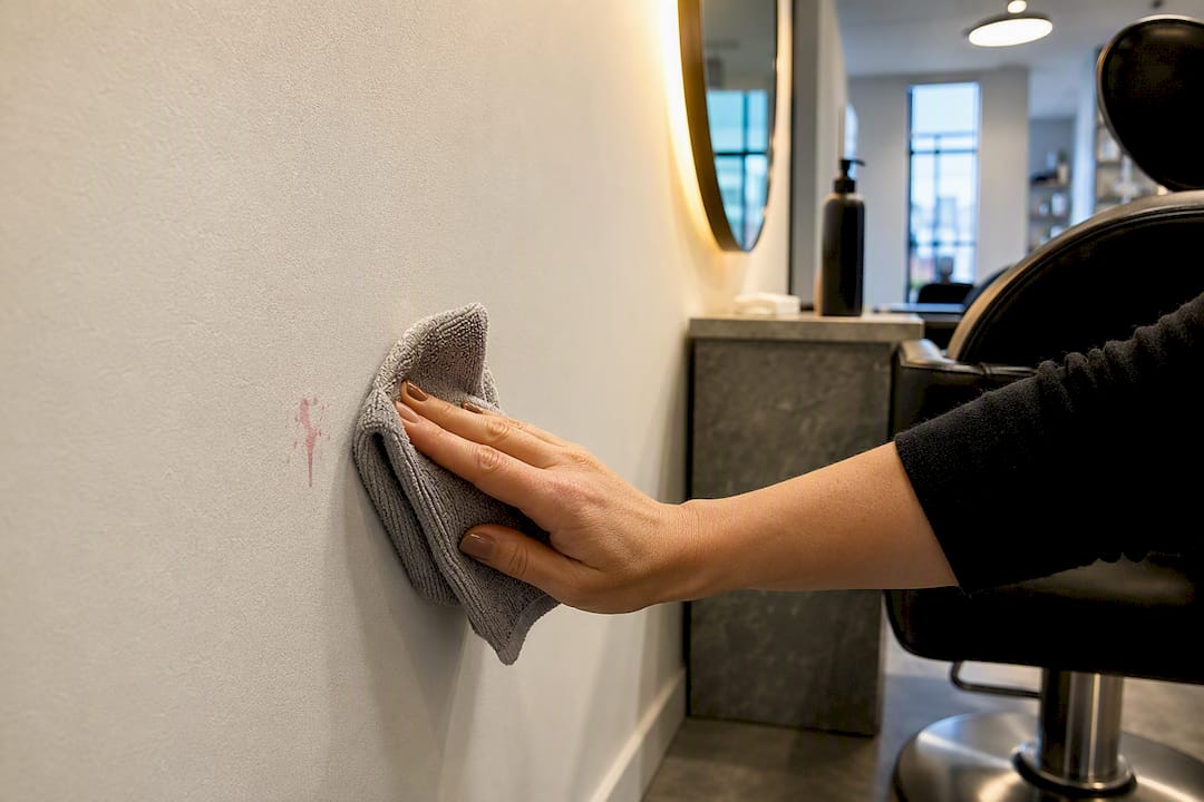 Hand wiping dye from salon vinyl wallpaper