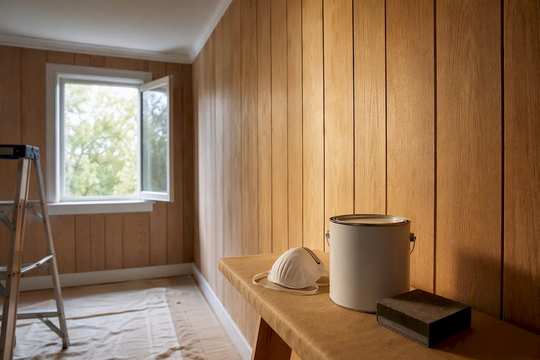 Dust mask and open window in paneling room