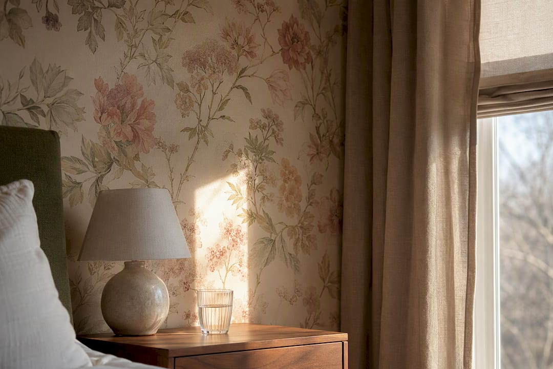 Sunlight falling across floral wallpaper