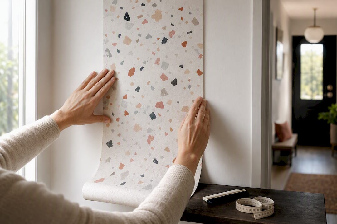 Hands aligning a central terrazzo wallpaper strip