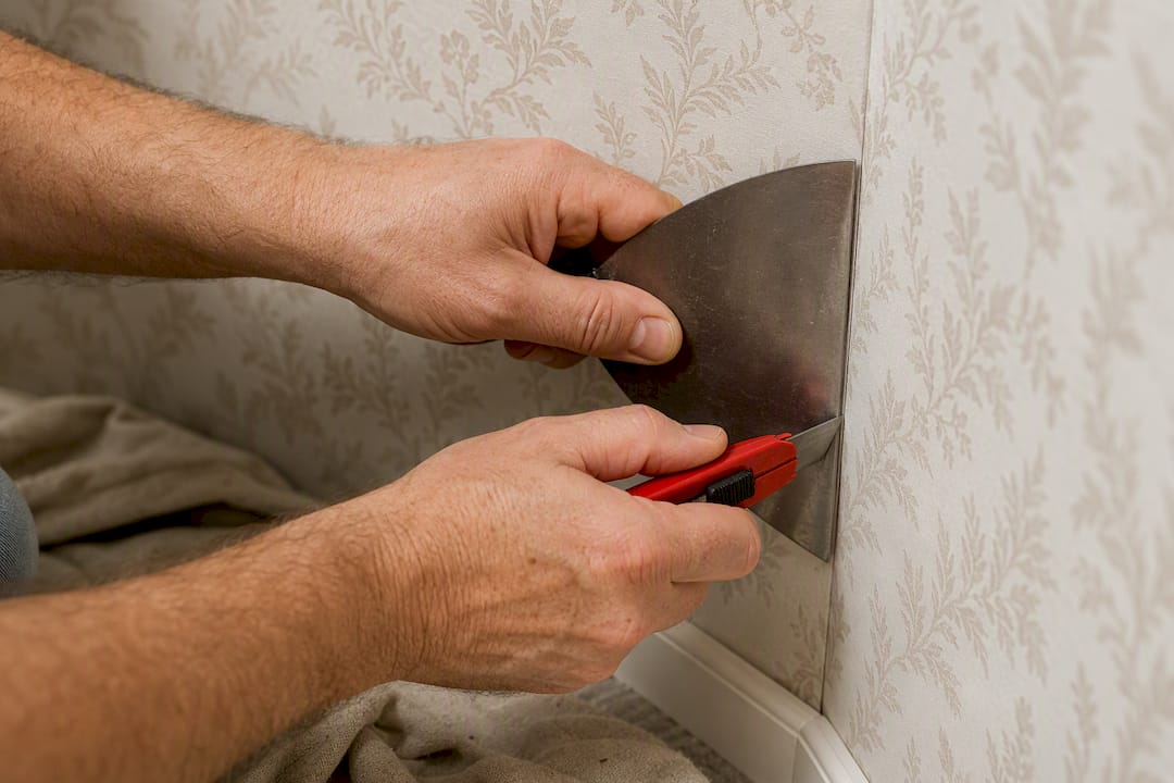 Hands trimming wallpaper with putty knife