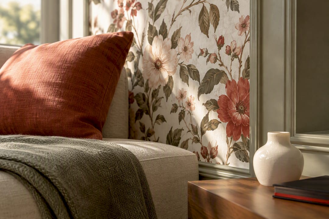 Floral wallpaper beside coordinated room colors