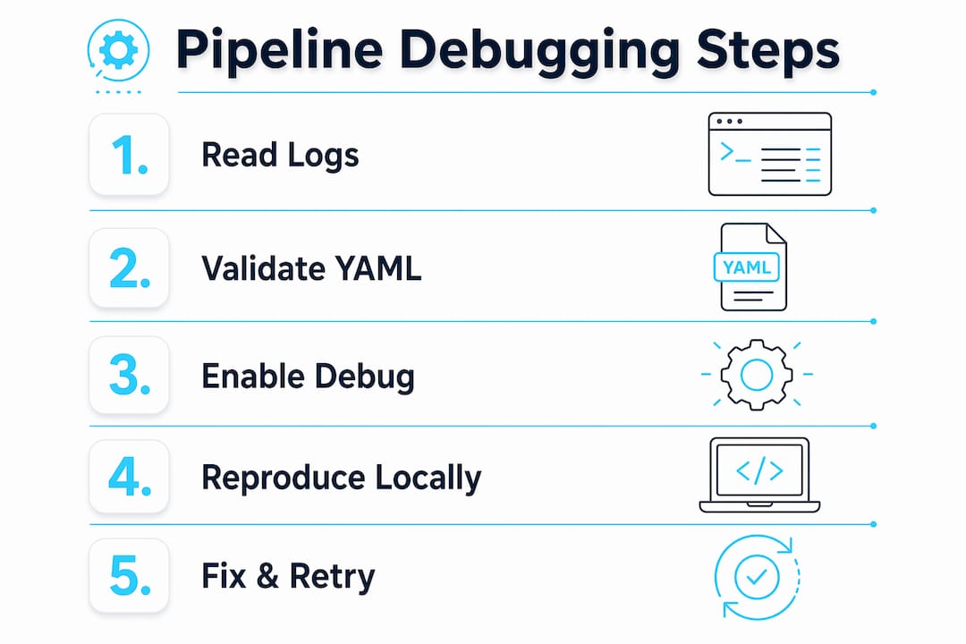 Infographic illustrating GitLab pipeline debugging steps