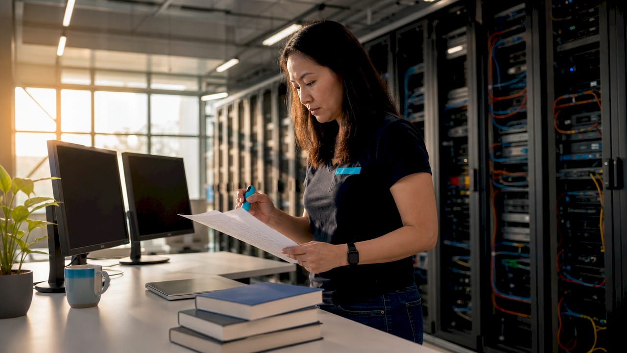 Engineer reviewing AI Ops logs in server room