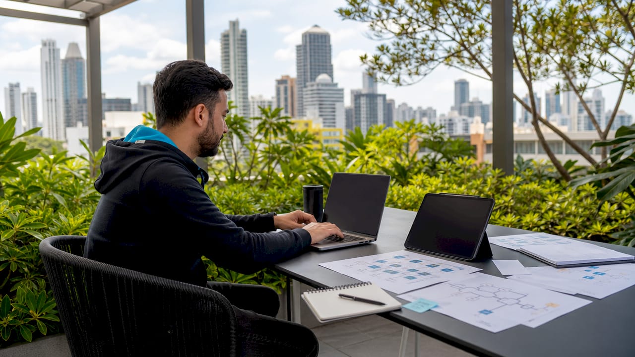 Close-up of hands on laptop with AI triage notes