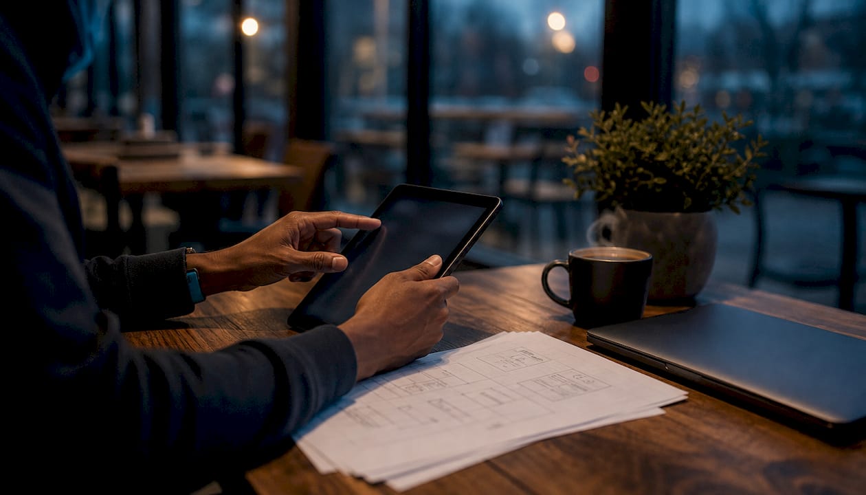 Hands navigating dynamic credentials on tablet