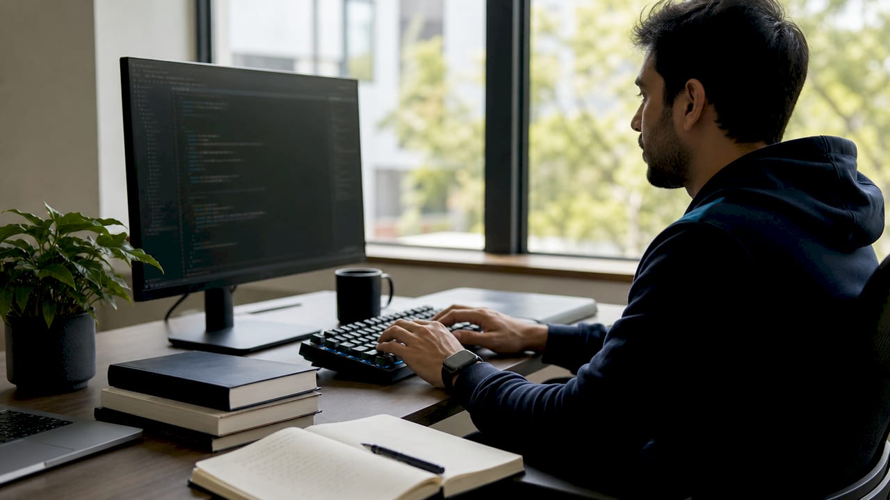 Hands typing code in modern office with monitors