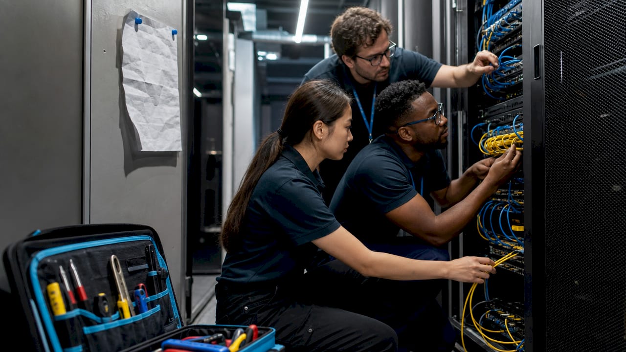 Technician connecting cables on CDN edge server rack