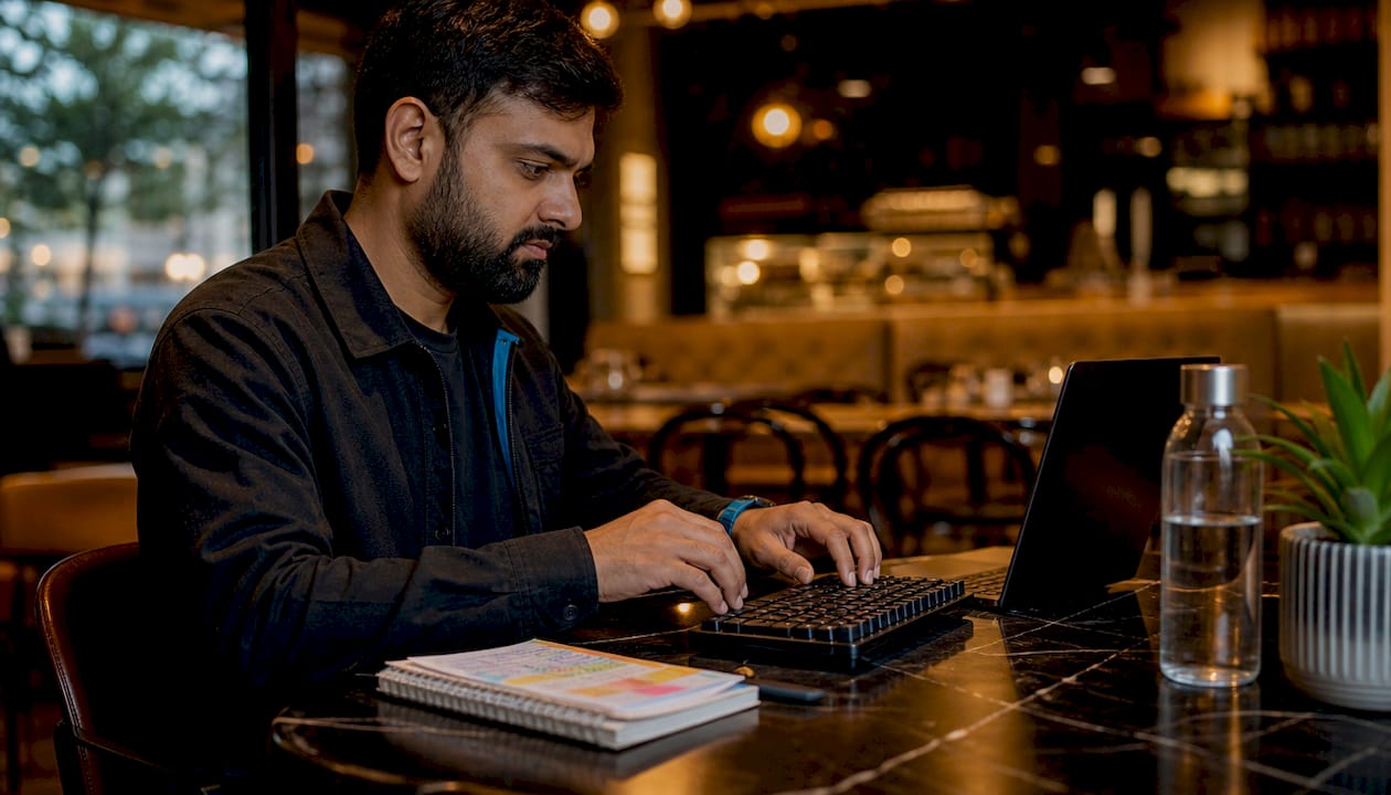 Hands typing with SRE reliability notes on desk