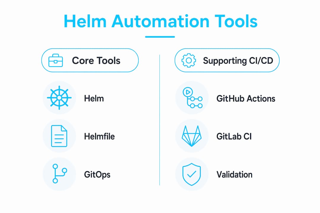 Infographic comparing Helm automation tools and CI/CD support