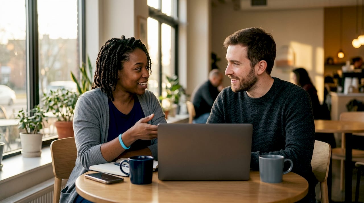Two engineers collaborating on artifact promotion workflow over laptop