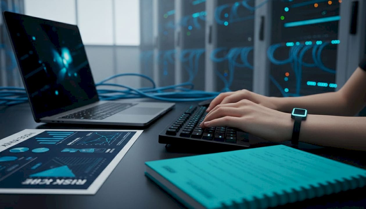 Hands typing risk scoring commands in server room