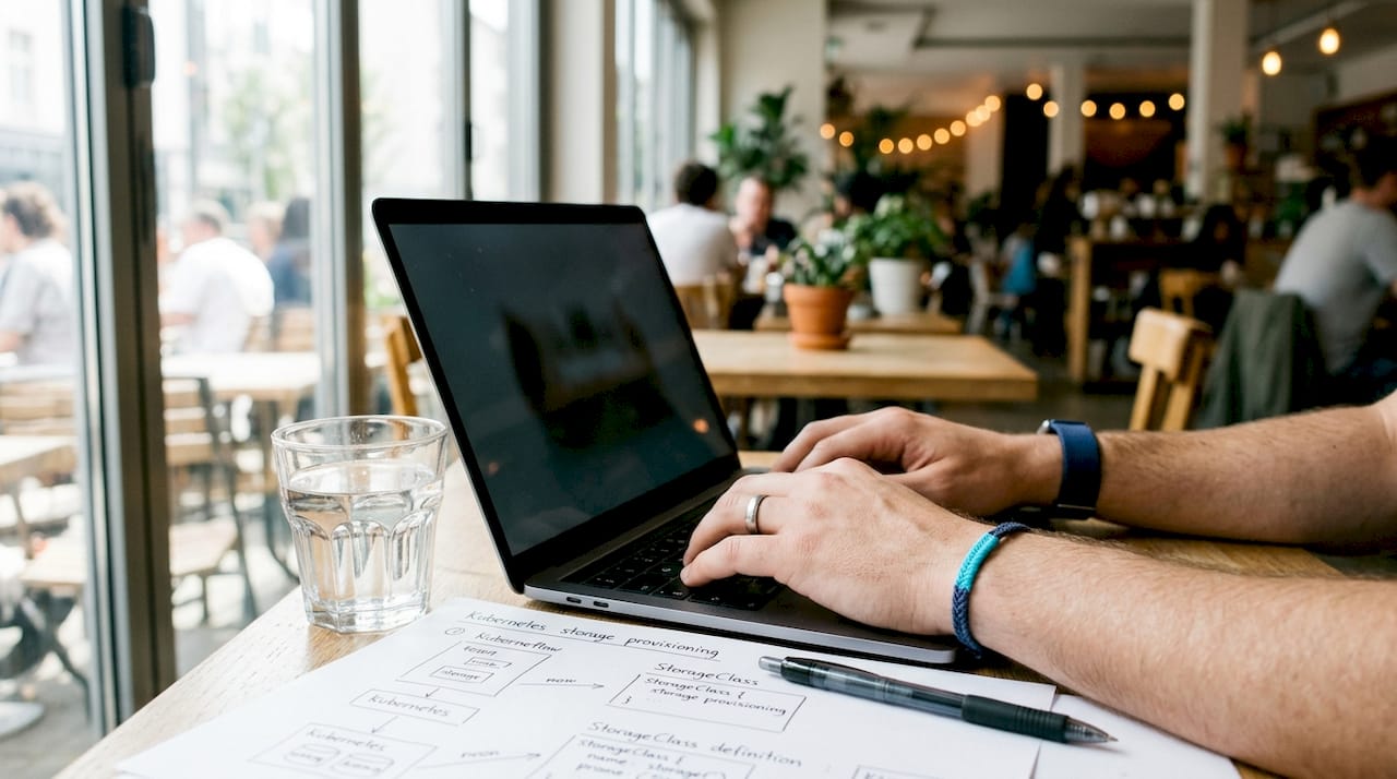 Hands typing Kubernetes provisioning notes on laptop