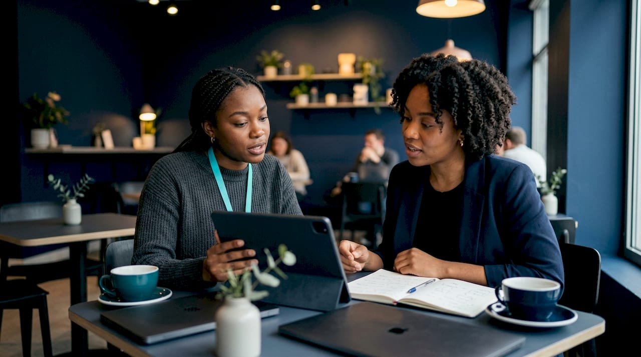 Two IT team members discussing change management workflow