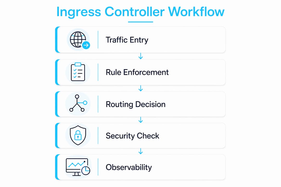 Infographic showing Kubernetes ingress controller workflow steps