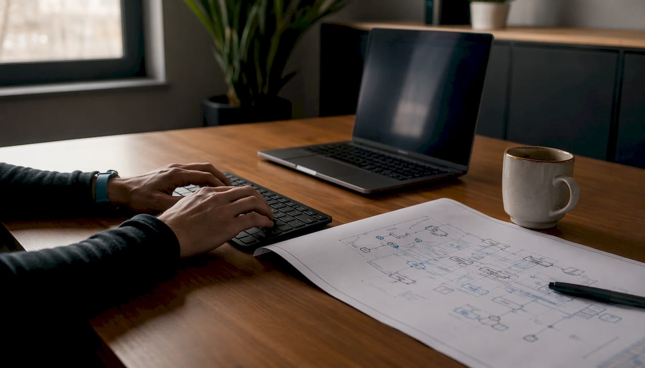 Hands typing near Kubernetes network diagram on laptop