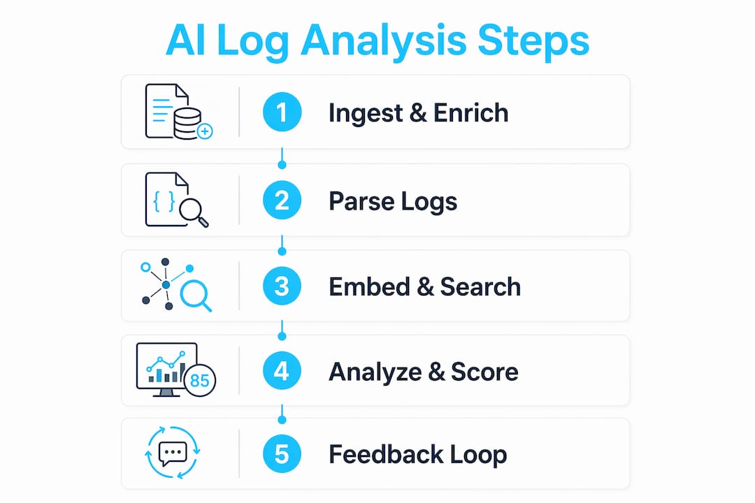 Infographic showing AI Kubernetes log analysis steps