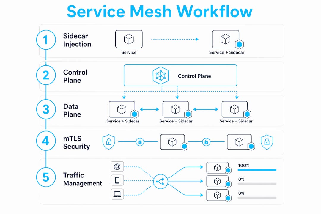 Infographic showing Kubernetes service mesh workflow steps